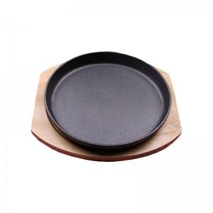 ChuiHua Factory Pre-Seasoned Non-Stick Round Cast Iron Baking Pan With Board And Fork Cast Iron Sizzler Plate With Wooden Base