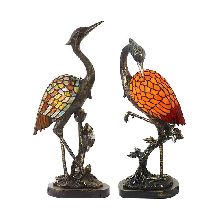 HITECDAD Retro Stained Glass & Resin Red-crowned Crane Tiffany Table Light
