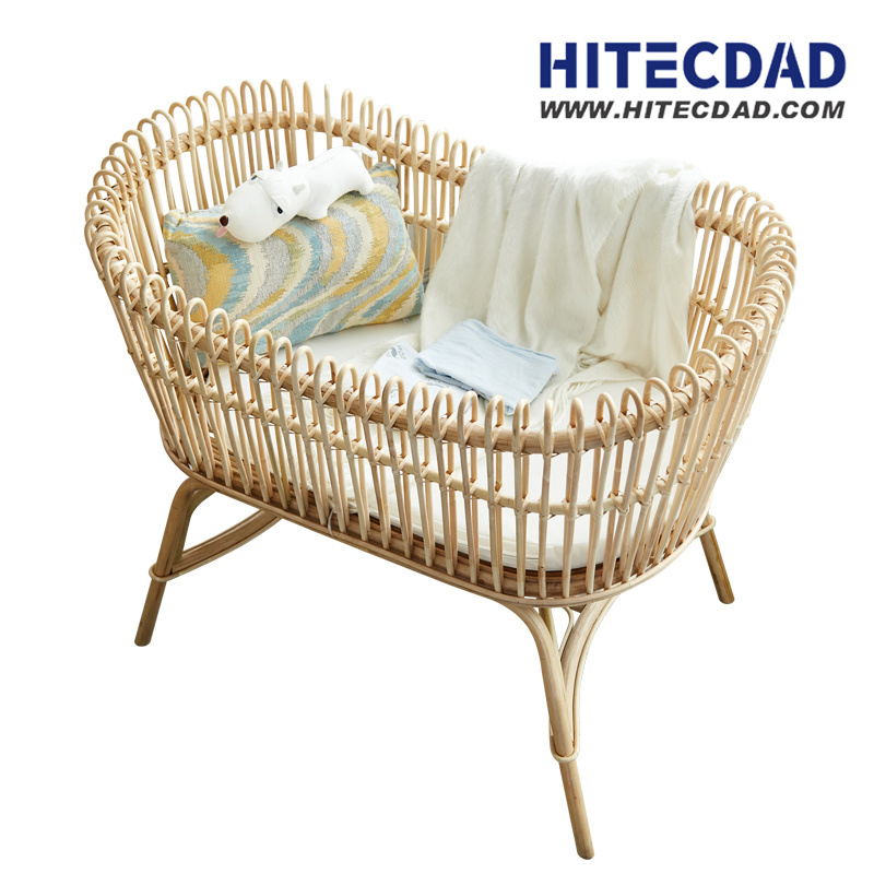 Nordic Handmade Full Rattan Retro Multifunctional Baby Bed with Wood Bracket for 0-3 Years Old Babies