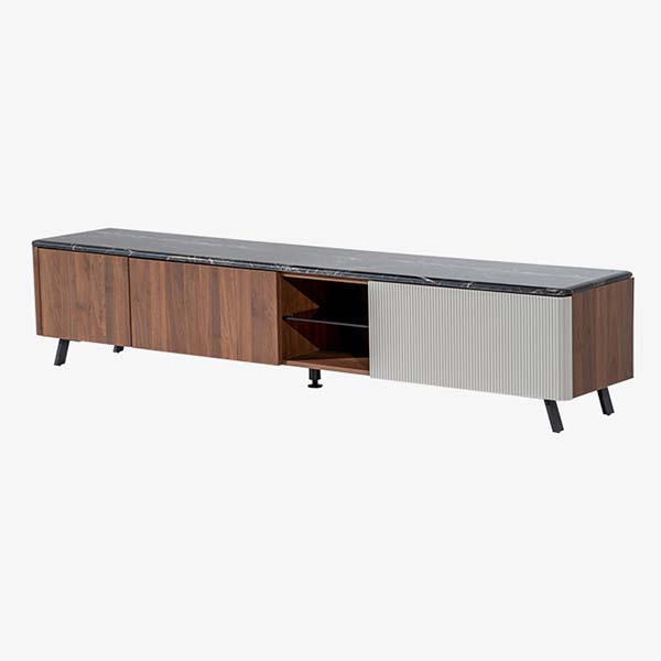 TG02737 modern flexible retractable ecologically clean wood 2 drawers 1 door marble top long lowboard walnut melamineboard grey painted tv media entertainment console