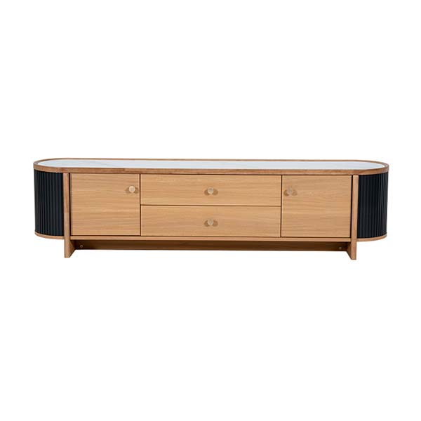 83C104 mid-century long lowboy lowboard wooden natural mable top 2 doors 2 drawers stand alone maple finish black paint finish media record tv unit credenza console cabinet