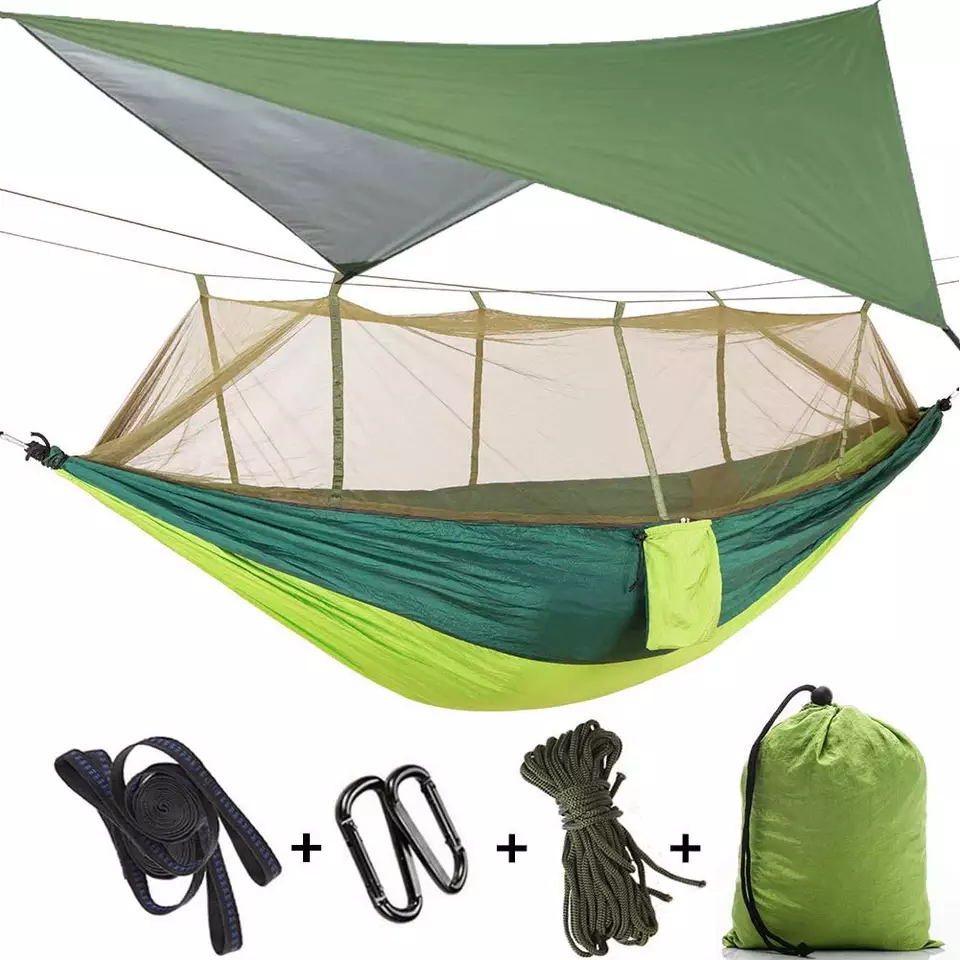 Camping hammocks with mosquito nets and rain fly covers