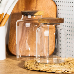 Oem Wide Mouth Thick High Borosilicate Glass Large Kitchen Grains Container Glass Spice Food Storage Jar With Wooden Lid