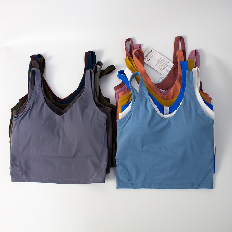 Camisetas de tirantes de ioga adelgazantes de compresión elástica para mulleres con almofadas de inserción