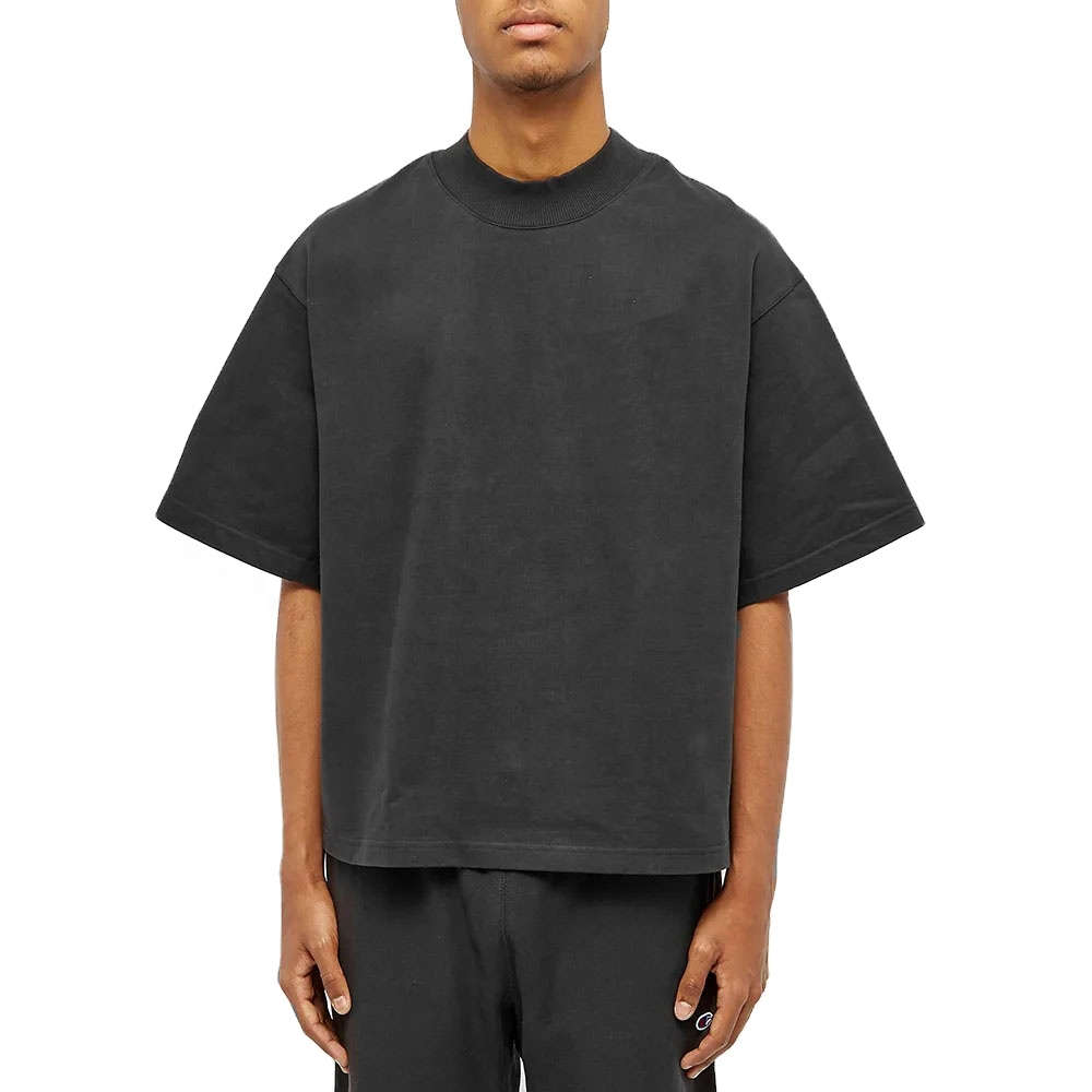 Logotip po meri Moška prana črna prevelika majica s kratkimi rokavi Visokokakovostna majica z lažnim ovratnikom Vintage majica z visokim ovratnikom