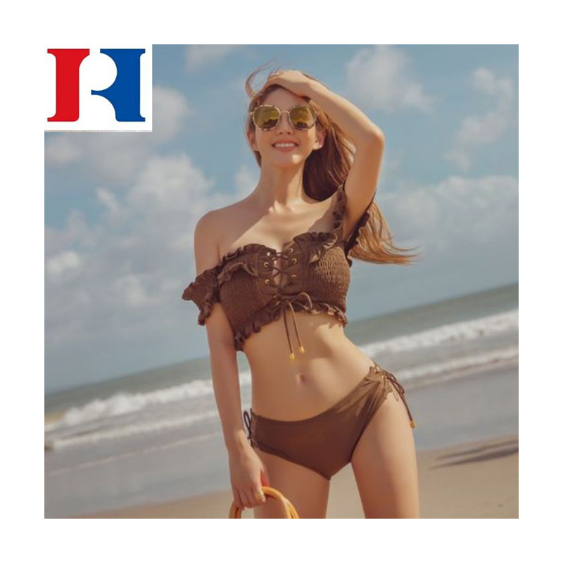 Wasliet Ġodda Swimwear Żewġ Biċċiet Għawm Stripe Sexy Bikini Pom Mesh High Waisted Swimsuit Beach Ilbes Ilbies tal-għawm tan-nisa