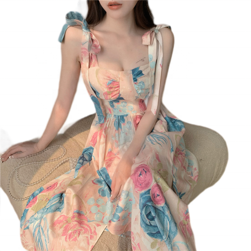 Pantun Renda Kasual Elegan Sleeveless Split Sling Vintage Print Korea Maxi Dress Pikeun Awéwé Dresses Summer Ladies Floral