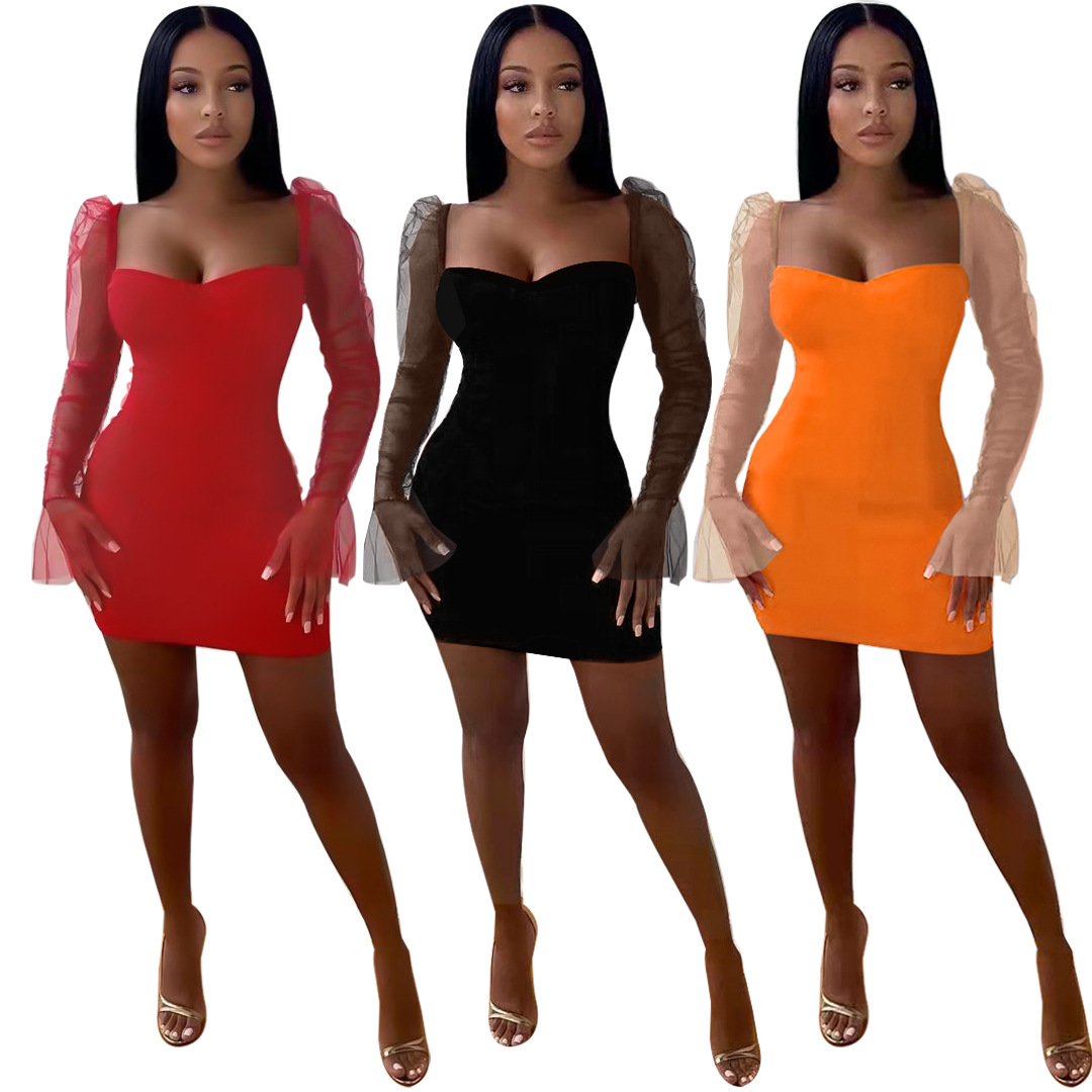 2022 אופנה חדשה טמפרמנט צבע אחיד תפרים שרוול ארוך מקרית אלגנטי סקסי Bodycon Mesh שמלה קצרה שמלת נשים