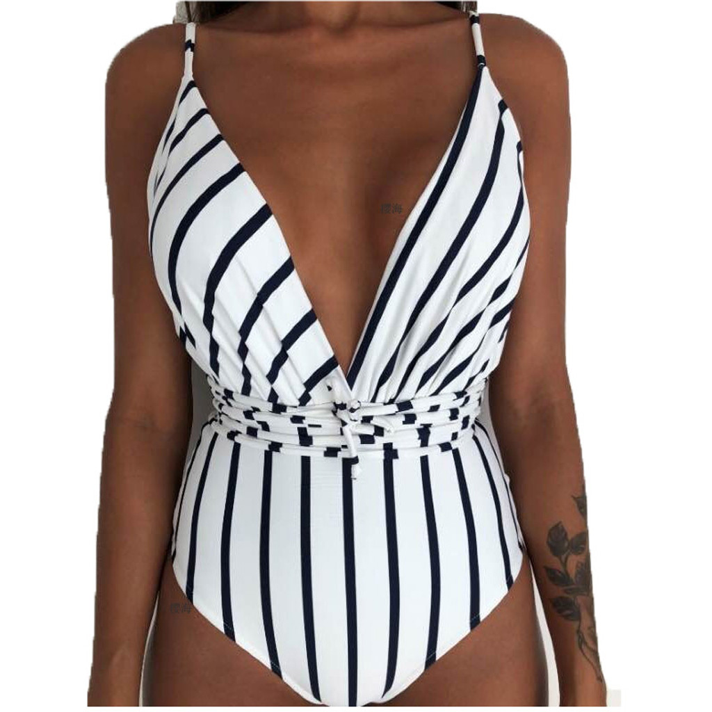 One Piece Swimsuit Sexy Striped Swimwear High Waist Monokini Sport Bodysuit Beach Bathing Backless Tummy Control Swear