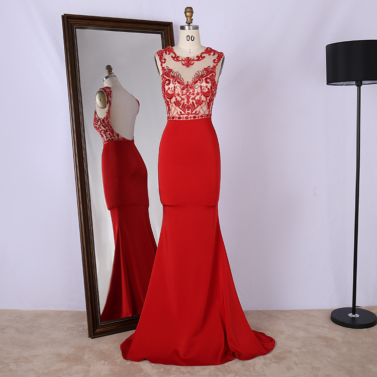 Vestidos formais vermellos con lentejuelas bordados con escote redondo de novo deseño por xunto vestidos de noite para mulleres