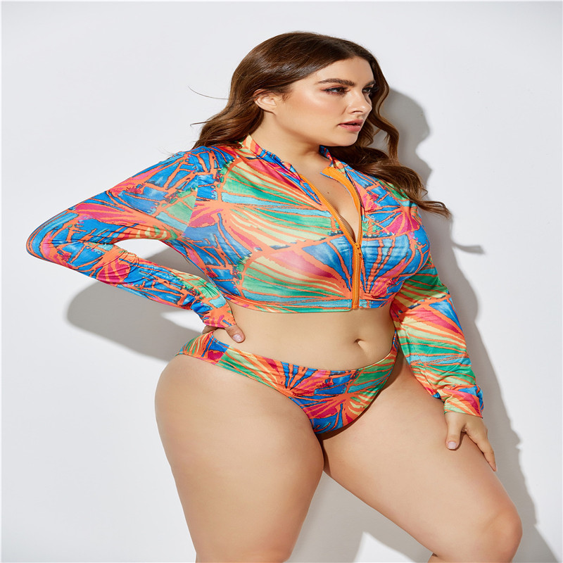 Ladies Plus Size Long Sleeve Thong Swimwear with Hat For Chubby