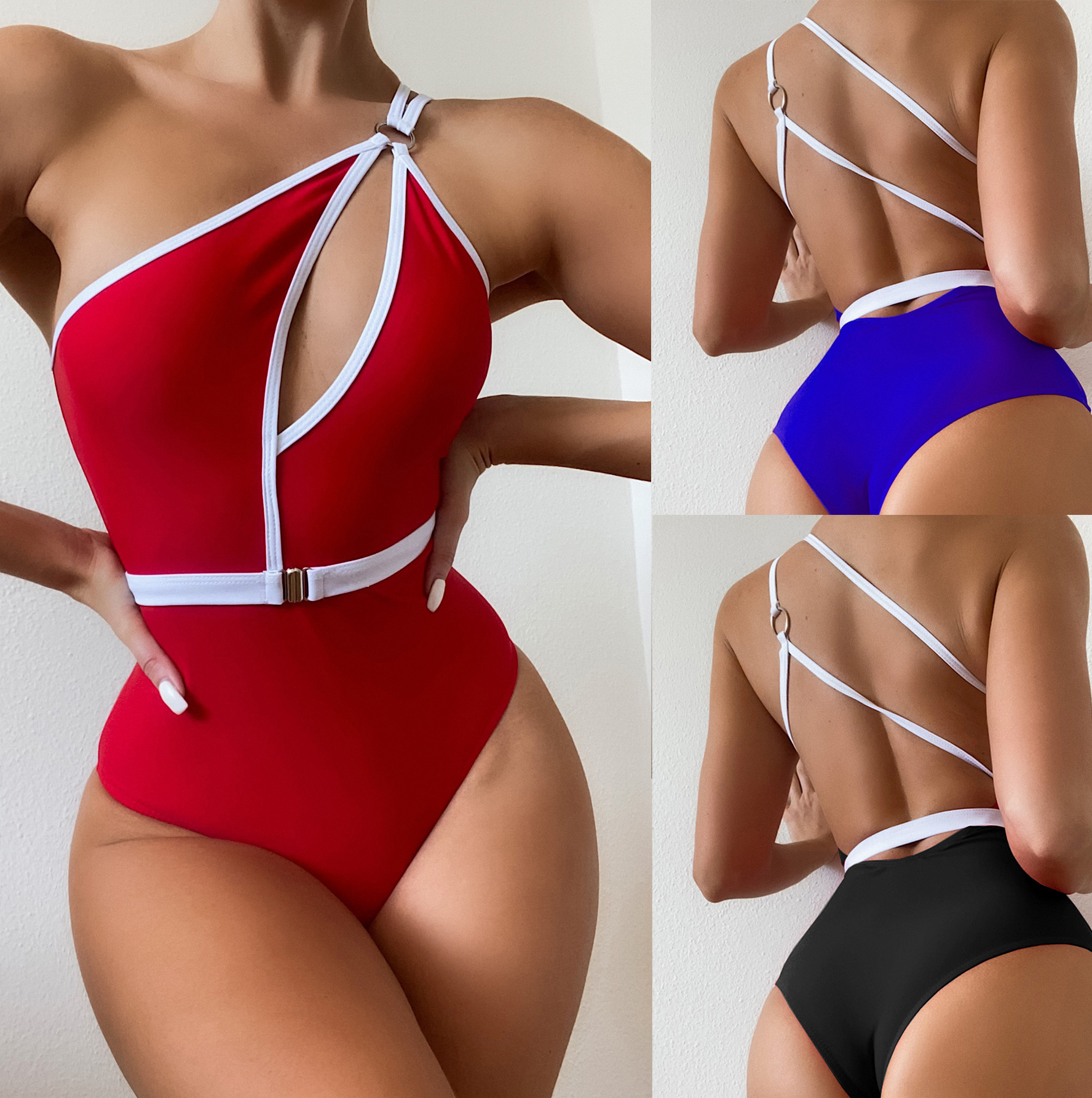 Moco 2022 Hot Sale Womens One Shoulder Cutout Ruche Back High Cut Monokini One Piece Swimsuit