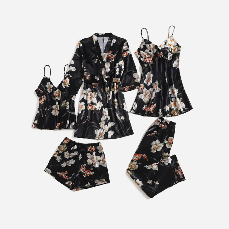 5pcs Floral Print Satin Robe Custom Multi Pajama Sets Women Nightwear