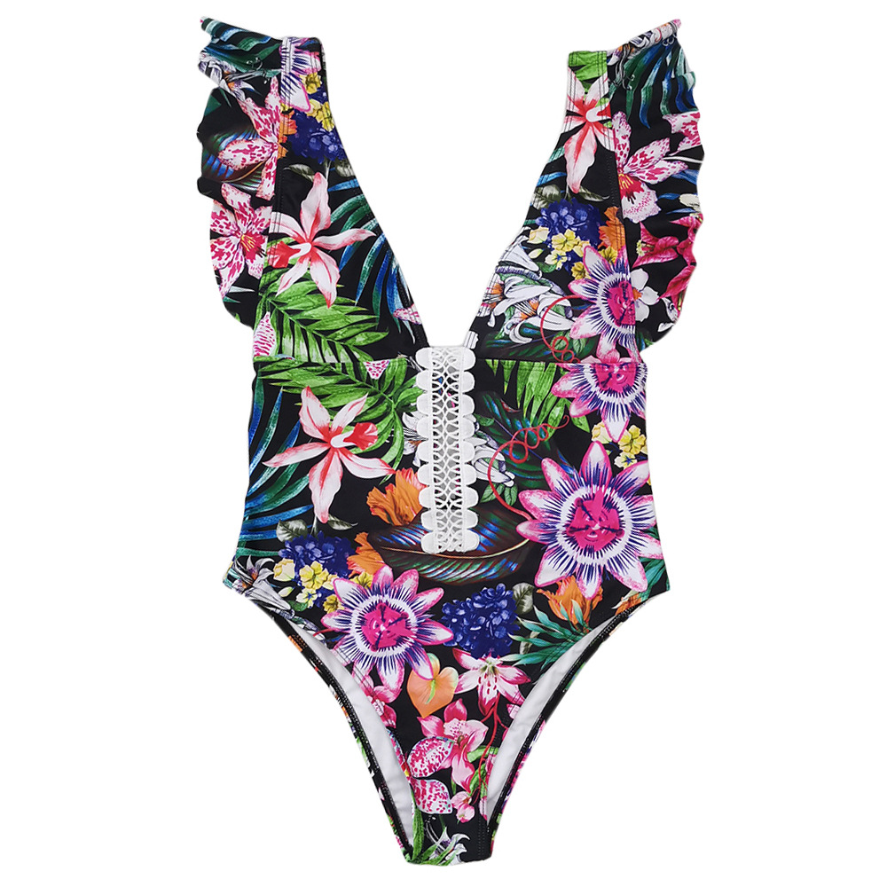 Women's Backless One Piece Lace High Waist Printed Strap Deep V Ruffled Swimsuit, Ruffle Bathing Suit Swim Monokini