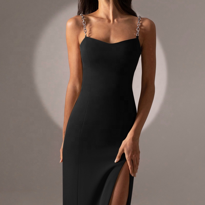 2021 Summer Women Dress Chain Spaghetti Strap Solid tsy misy tanany Sexy Midi Dress Midi Slit Backless Skinny Elegant Women Dress