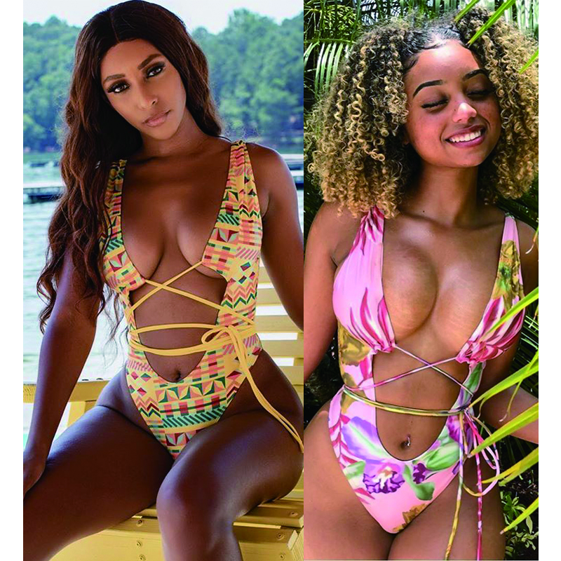 Kostenloser Versand Floral Print Bandage String Tanga High Cut Monokini einteiligen Badeanzug für Frauen Schwimmen Tragen Bikini Bademode