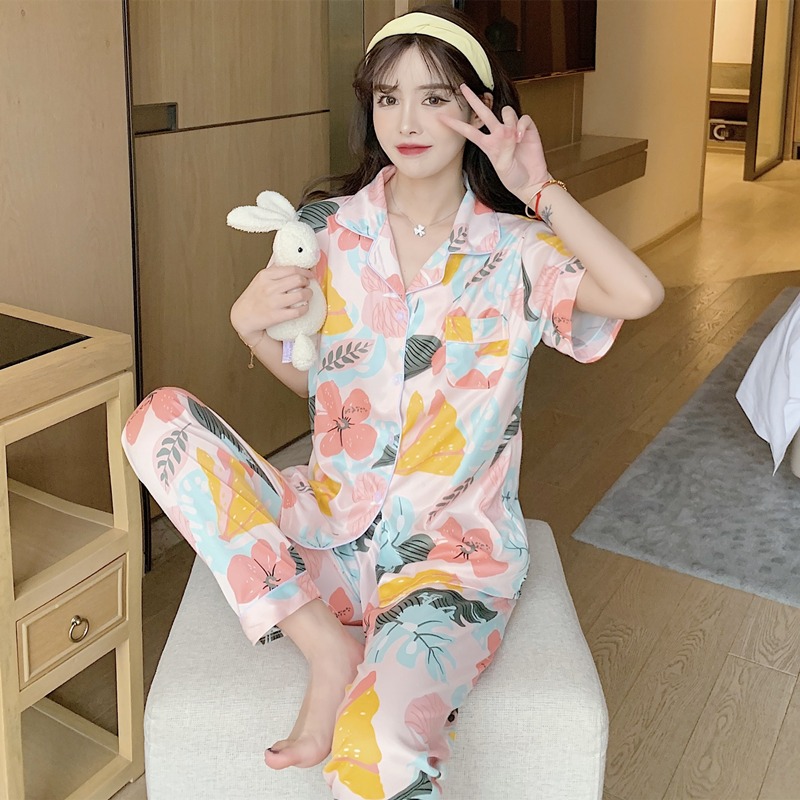 2022 yetişkin pijamaları kısa kollu setleri kadın kısa set baskılı gömlek düğmeli gecelik büyük kız yaz kıyafeti