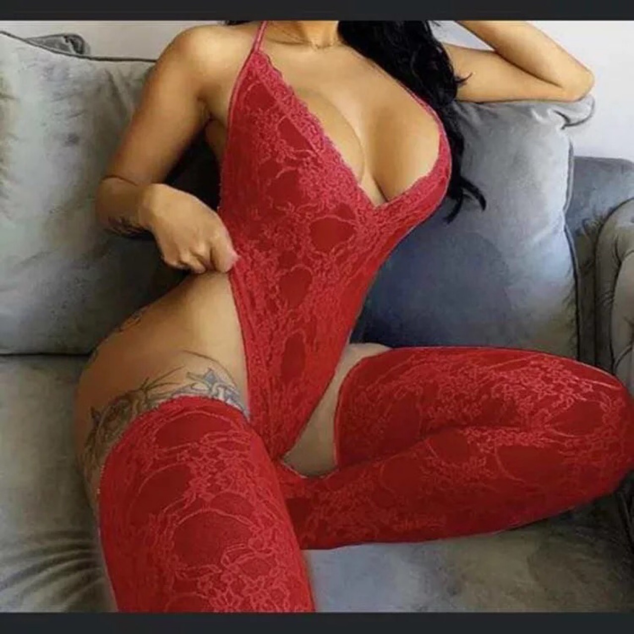 Плюс размер Костюм Комплект еротично бельо Дантела 6 цвята Теди Червено Дамско боди с чорапи от две части