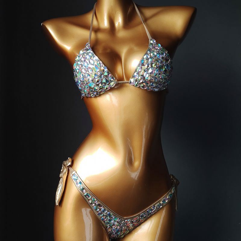 STOK BARU 8Warna Triangle Top Dasi Inten Bikini V-bentuk Pinggang Kristal Baju Renang Brasil