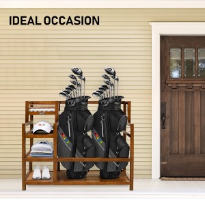 HUAEN Wooden Golf Storage Garage Organizer – Golf Bag Storage Rack for Garage Golf Bag Stand for 2 Golf Bags Golf Equipment Accessories Ideal for Garages Clubhouses Sheds Basements
