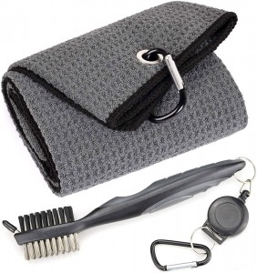 Golf Towel for Golf Bags with Clip,Waffle Pattern Tri-fold Microfiber Towel with Cleaning Brush Retractable Extension Cord,Golf