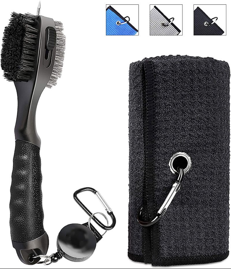 Golf Towel for Golf Bags with Clip,Waffle Pattern Tri-fold Microfiber Towel with Double Sided Golf Club Scrub Brush Featured Image