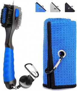 Golf Towel for Golf Bags with Clip,Waffle Pattern Tri-fold Microfiber Towel with Double Sided Golf Club Scrub Brush