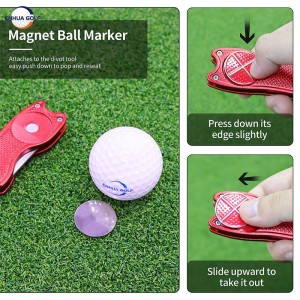 Ievelkams metāla golfa rīks ar magnētisko bumbiņu marķieri un uznirstošo pogu, zaļš instrumenta piederumu vairumtirdzniecība daudzfunkciju golfa remonta rīks ar cinka sakausējuma rokturi OEM golfa rīks