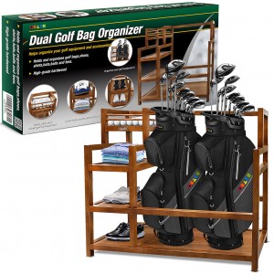 HUAEN Wooden Golf Storage Garage Organizer – Golf Bag Storage Rack for Garage Golf Bag Stand for 2 Golf Bags Golf Equipment Accessories Ideal for Garages Clubhouses Sheds Basements