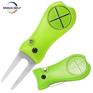 Retractable Metal Golf Divot Tool with Magnetic Ball Marker and Pop-up Button Green Tool Accessories Wholesale Multi Function Golf Repair Divot Tool with Zinc Alloy Handle OEM Golf Divot Tool