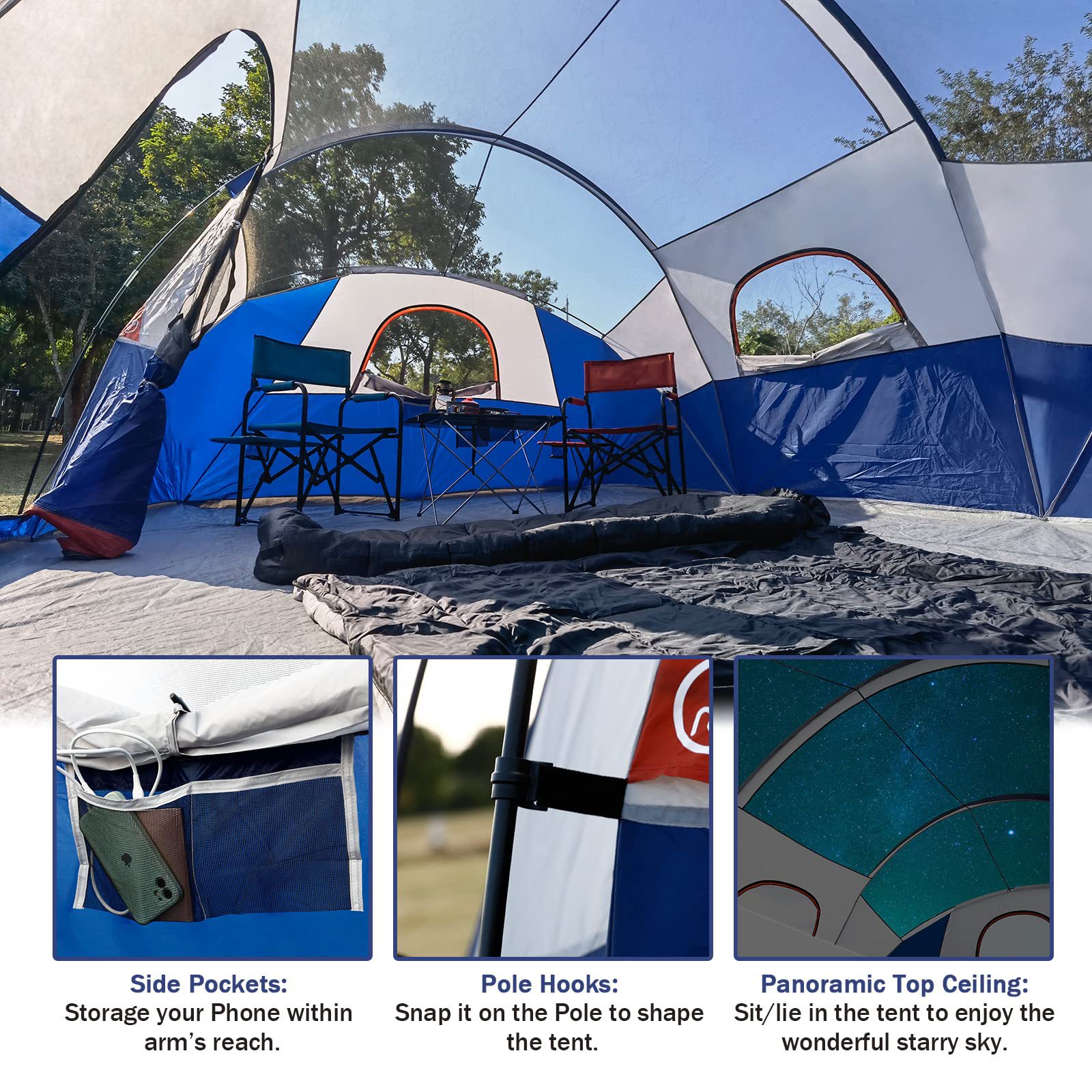 Telt-8-personers-campingtelte, vandtæt vindtæt familietelt, 5 store netvinduer, dobbeltlag, opdelt gardin til adskilt rum, bærbar med bæretaske