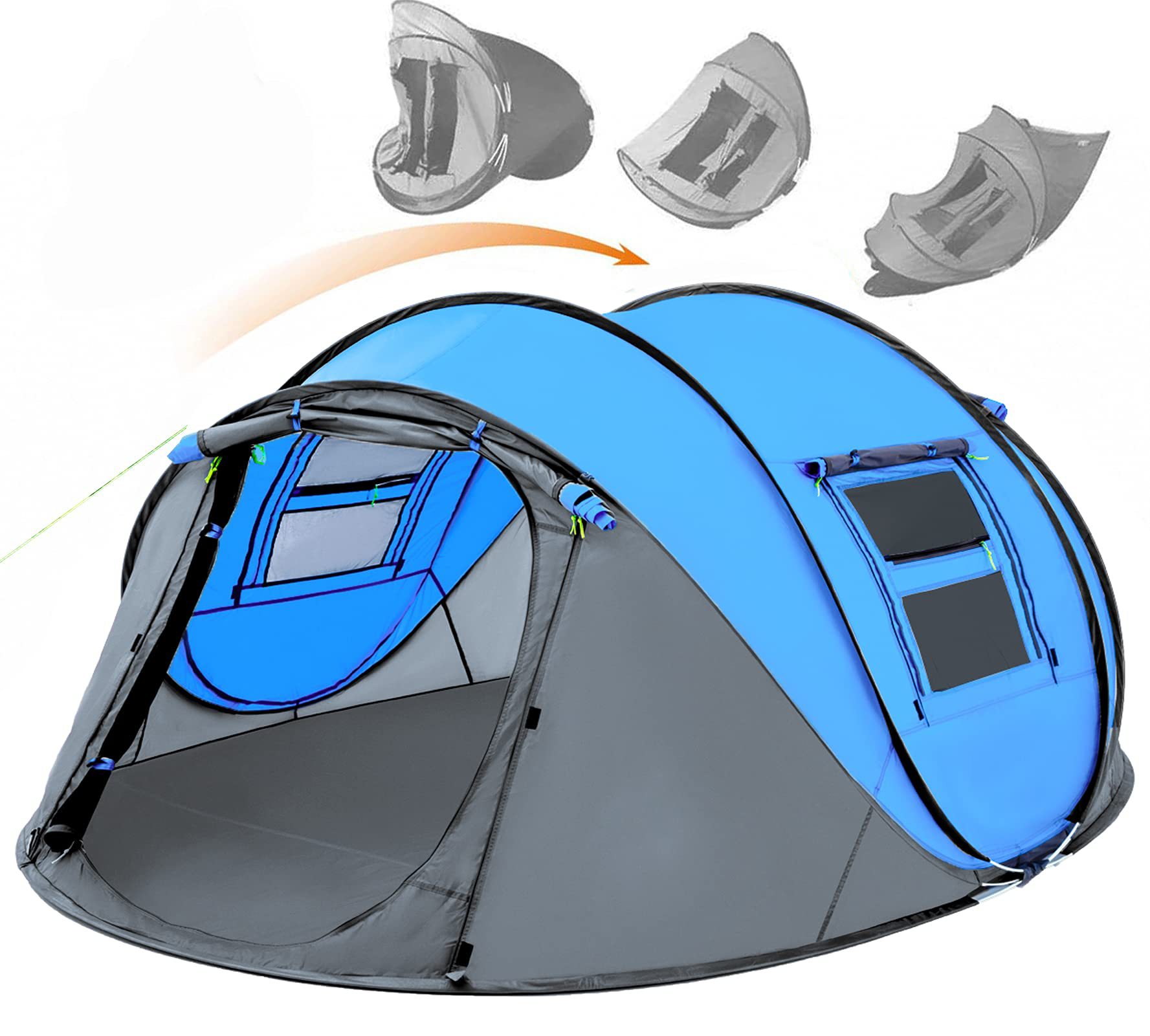 Tente Pop Up facile pour 4 personnes, configuration automatique étanche, 2 portes, tentes familiales instantanées pour le camping, la randonnée et les voyages