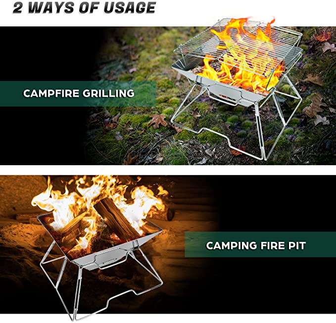 Odoland Folding Campfire Grill, Camping Fire Pit, Outdoor Wood Stove Burner, 304 Premium Stainless Steel, Portable Camping Charcoal Grill with Carrying Bag for Backpacking Hiking Travel Picnic BBQ