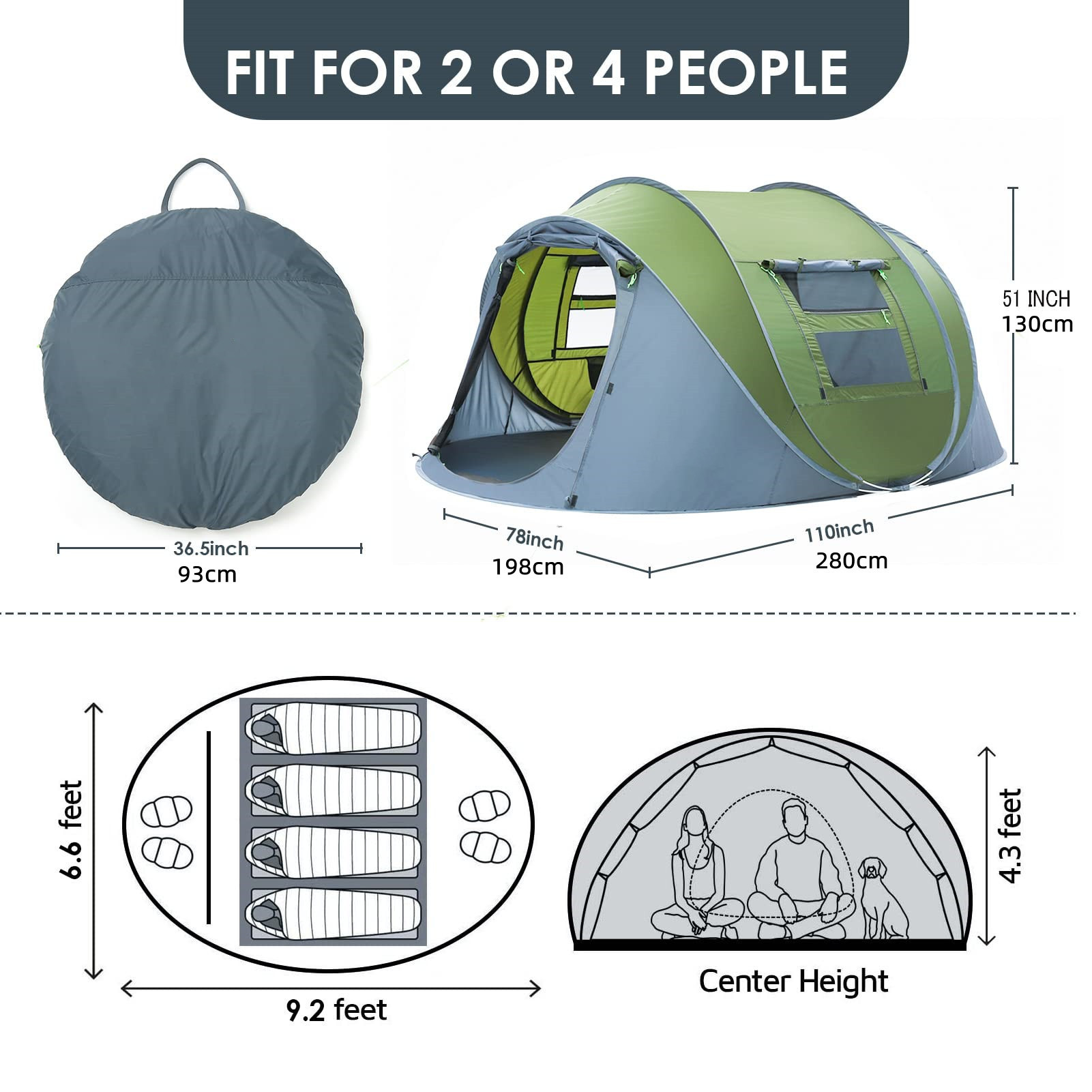 4 Person Easy Pop Up Tent Waterproof Automatic Setup 2 Doors-Instant Family Tents for Camping Hiking & Traveling