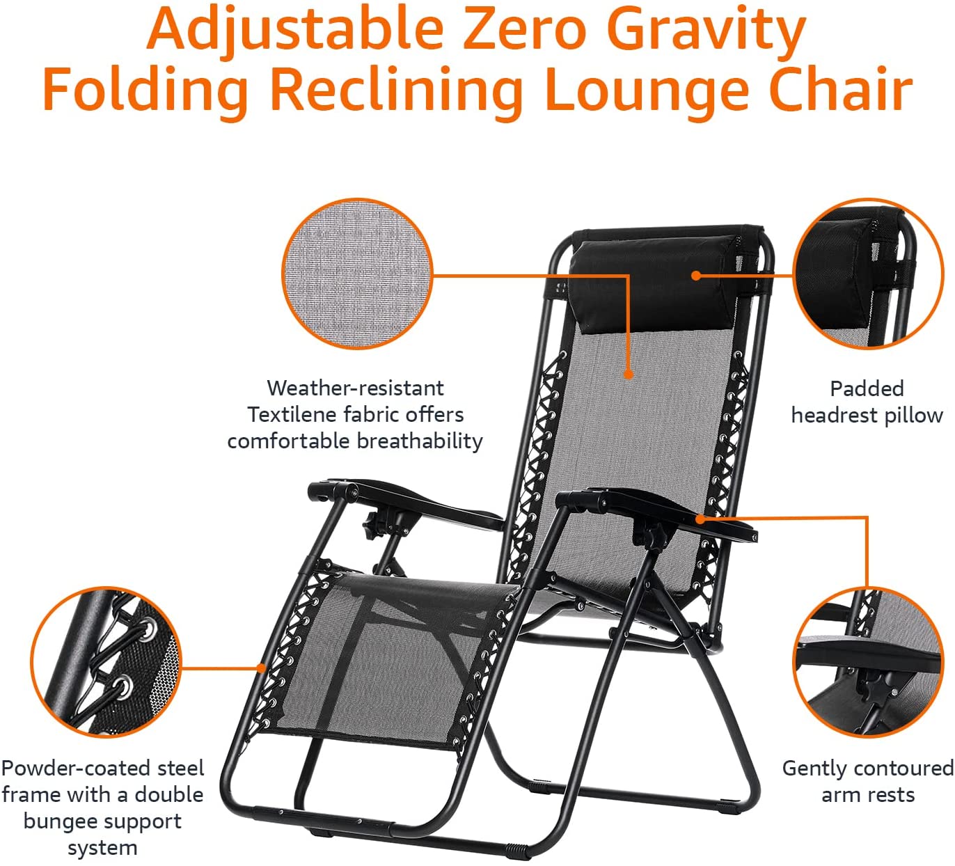 Basics Udendørs Textilene Justerbar Zero Gravity Folding Relining Lounge Chair med Pude Sort