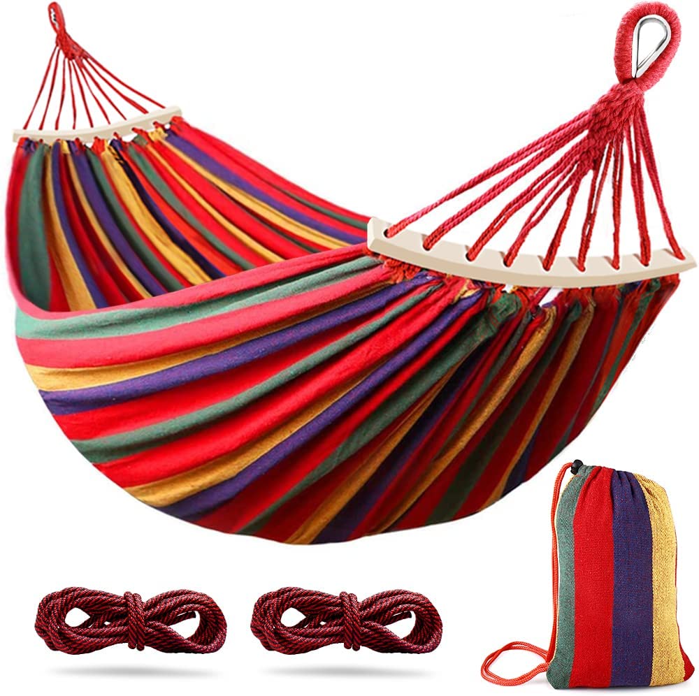 285x155cm Hammock with spreader bars, Camping Hammock Outdoor, Thickened Durable Canvas Fabric and Sturdy Metal Knot, 550 lb لوڊ ڪرڻ جي گنجائش، پٺئين يارڊ لاءِ، باغ
