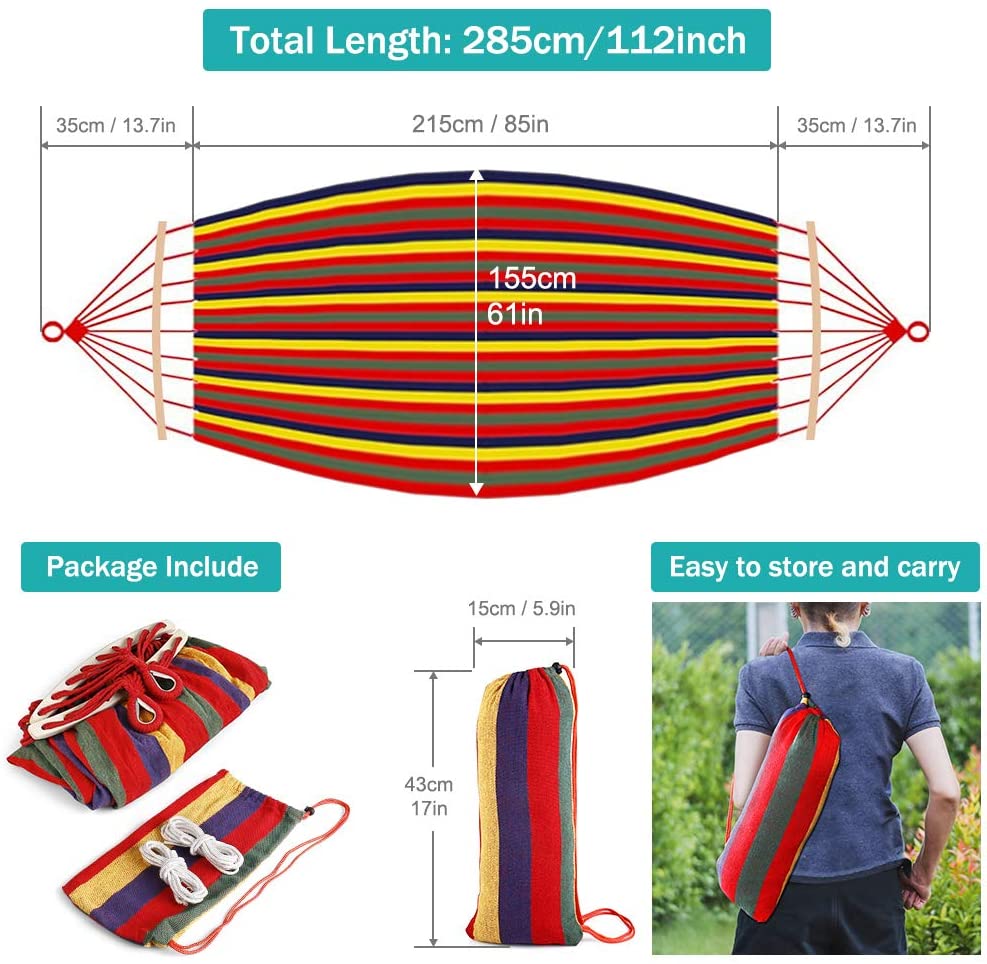 285x155cm Hammock with Spreader Bars, Camping Hammock Outdoor, with Thickened Durable Canvas Fabric and Sturdy Metal Knot, 550 lb Load Capacity, for Backyard, Garden