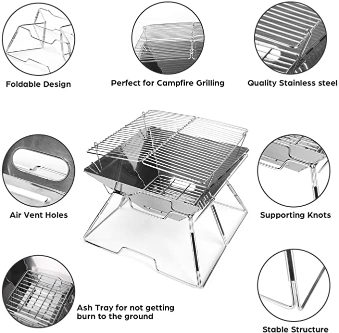 Odoland Folding Campfire Grill, Camping Fire Pit, Outdoor Wood Kompor Burner, 304 Premium Stainless Steel, Portable Camping Charcoal Grill with Carrying Bag for Backpacking Hiking Travel Picnic BBQ