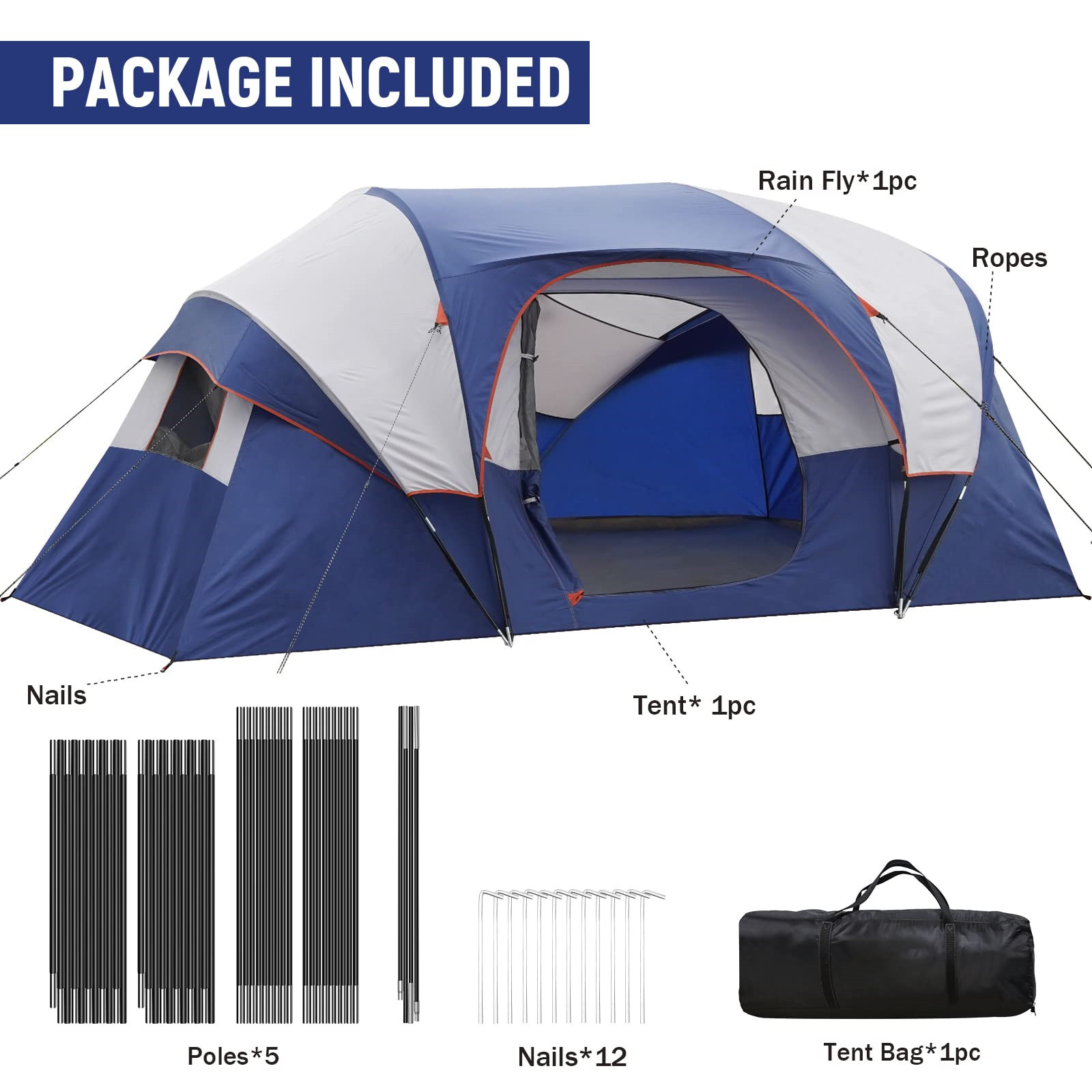 Tent-8-Person-Camping-Tents, Waterproof Windproof Family Tent, 5 Large Mesh Windows, Double Layer, Divided Curtain for Separated Room, Portable with Carry Bag