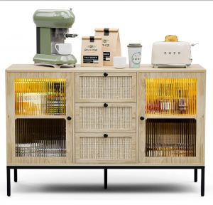 Kitchen Sideboard Buffet Cabinet with 3 Rattan Drawers and 2 Glass Doors