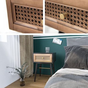 Nočný stolík Retro ratanový nočný stolík z masívneho dreva s jednou zásuvkou Jednoduchá montáž Vhodné pre malý koncový stolík v spálni a obývačke