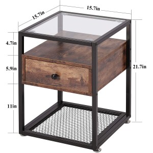 Empered Glass End Table, Cabinet with Drawer and Rustic Shelf Decoration in Living Room