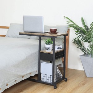 Mobile C Shaped Couch Side Table Desk with Drawer, End Table Cart with Removable Caster, Industrial Overbed Laptop Table Sofa Table, Rolling Bedside Desk for Living Room, Bedroom