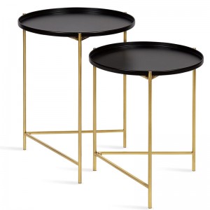 Tavolinë anësore moderne me fole, grup me 2, tavolina të zeza dhe të arta, tavolina të sofistikuara fundore Glam për ruajtje dhe ekran