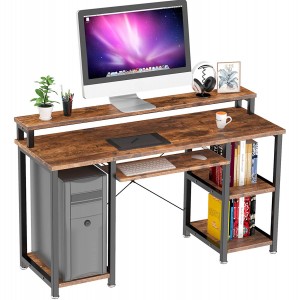 Számítógépes asztal monitor állvánnyal Tárolópolcok Billentyűzettálca, 47 hüvelykes íróasztal otthoni irodához (rusztikus barna)