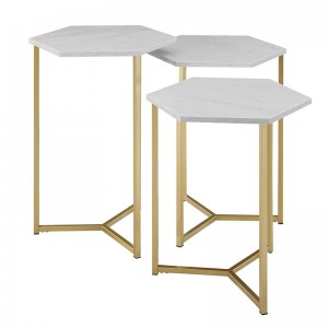 Moderní šestiúhelníková sada bočních koncových stolků s úložným prostorem v obývacím pokoji Malý koncový stolek, sada 3 kusů, mramor a zlato