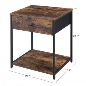 Table de chevet industrielle avec tiroir, 2 étagères, commode à tiroirs en tissu, table d'extrémité avec plateau et devant en bois
