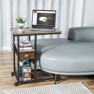Mobil C-formad soffa sidobordsskrivbord med låda, ändbordsvagn med löstagbar hjul, Industriell översäng Laptopbord Soffbord, rullande sängbord för vardagsrum, sovrum