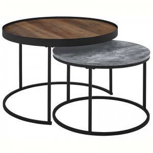 ໄມ້ອຸດສາຫະ ກຳ ທີ່ທັນສະ ໄໝ Round Coffee Nesting Tables Living Room Accent Ottoman Storage Shelf, 30 Inch, Rustic Oak