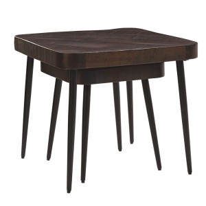 Metalinis šoninis staliukas, 2 vnt., Žalvarinis ir riešutmedžio kavos staliukas